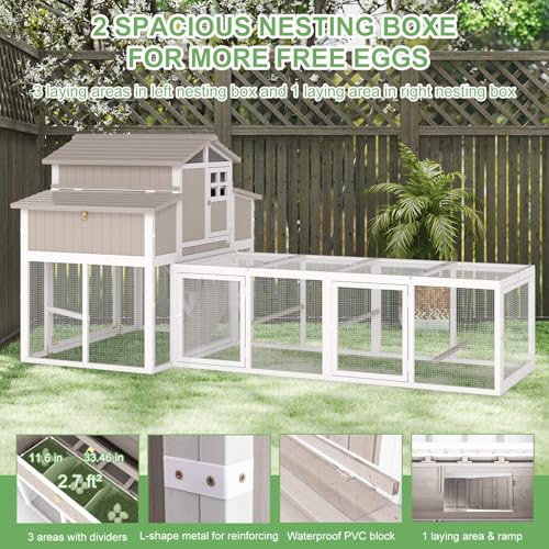 Gowoodhut 115.36"L 2-Story Chicken Coop with Extra Large Run Cage,Chicken House Hen House with 2 Large Nesting Boxes,Expandable Poultry Cage for 4-6 Hens with 6 Perching Bars,Pull-out Tray,Ramps(Grey) - size: PET85+Extra Run Cage-Grey