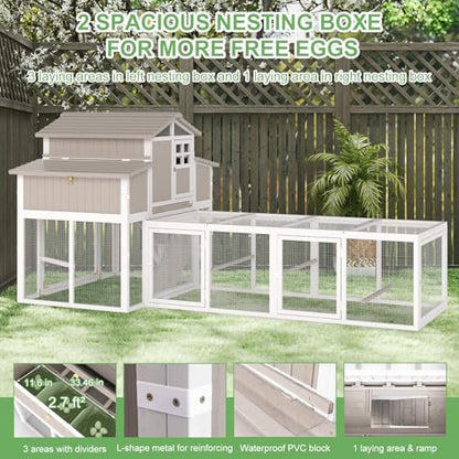 Gowoodhut 115.36"L 2-Story Chicken Coop with Extra Large Run Cage,Chicken House Hen House with 2 Large Nesting Boxes,Expandable Poultry Cage for 4-6 Hens with 6 Perching Bars,Pull-out Tray,Ramps(Grey) - size: PET85+Extra Run Cage-Grey