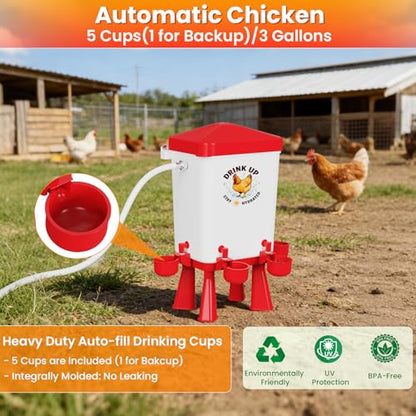 3 Gallon Chicken Feeder and Waterer Set, Large Chick Water with Automatic Float Valve, No Waste Poultry Feeding and Watering System, 4 Cups & 3 Ports, Chicken Coop Accessories for Pigeons Quail, Red