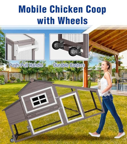Mobile Chicken Coop with Wheels, Duplex Outdoor Chicken House with Expandable Run, Slide-Out Tray, Weatherproof Roof, Predator-Proof Hen House - Brown - color: 72.3"L Brown