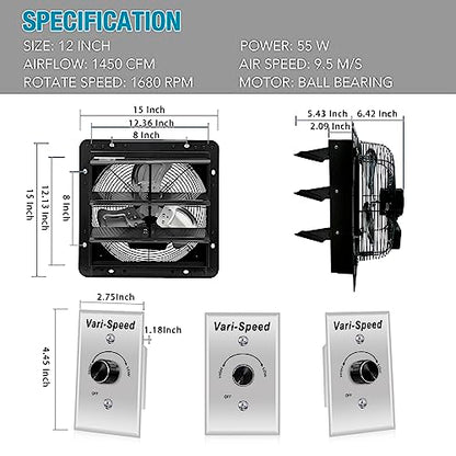 VENTISOL 12 Inch Shutter Exhaust Fan With Variable Speed Controller,1450CFM Wall Mounted Ventilation Fan, Vent Fan For Greenhouses,Shop,Home Attic,Garage Ventilation,Black - size: 12" Fan with Speed Controller