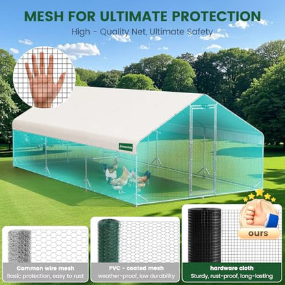 CHIKENCOOP 19.5x9.8x6.5ft Metal Chicken Coop, 3-Room Run, Hardware Cloth | Three-room walk-in run with hardware cloth, full-top waterproof UV-resistant cover, 3-mode solar light, and center perches - size: 234.0"L x 118.0"W x 78.0"H