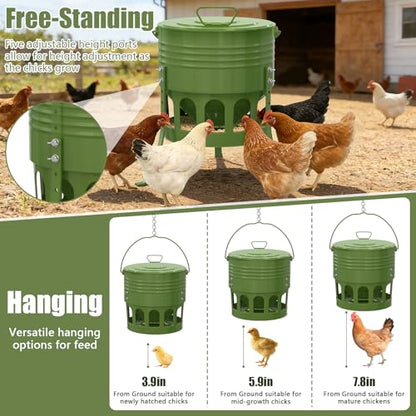 Metal Chicken Feeder No Waste, 20 Lbs Large Automatic Chicken Feeder with 12 Ports, Adjustable Height Poultry Feeder with Lid & Handle, Rat Proof Rust Proof Feed Box for Poultry & Backyard Chickens