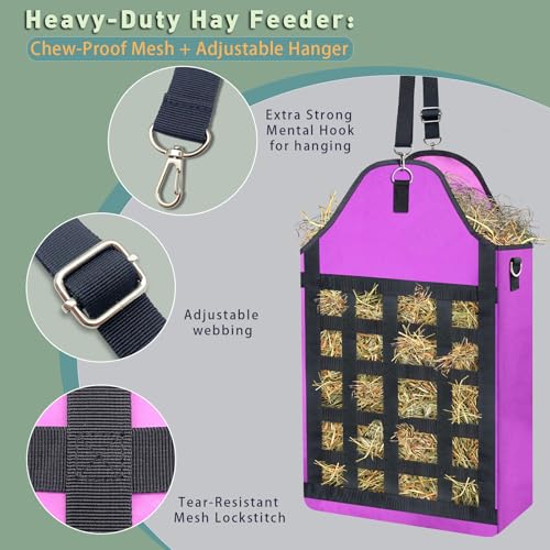 2 Pack Purple Slow Feed Hay Bags for Horses Goats Rabbits Donkeys,Heavy Duty Oxford Hay Feeder with Front Hay Net Design, Easy Fill Hanging Forage Bag (Premium Animal Feeding Solution)
