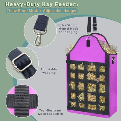 2 Pack Purple Slow Feed Hay Bags for Horses Goats Rabbits Donkeys,Heavy Duty Oxford Hay Feeder with Front Hay Net Design, Easy Fill Hanging Forage Bag (Premium Animal Feeding Solution)