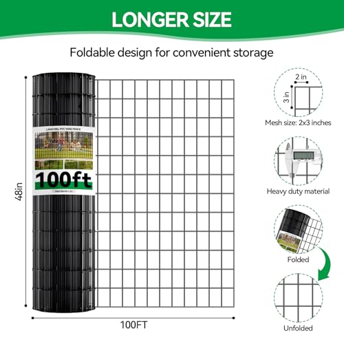 Welded Wire Fence, 100ft(L) x 48inch(H) PVC Anti-Rust Coated Wire Mesh, 2 Inch x 3 Inch 16GA Garden Edging Border, Roll Metal Animal Barrier for Yard Vegetable Plant Protection Poultry Netting - size: 100ft(L) x 48inch(H)