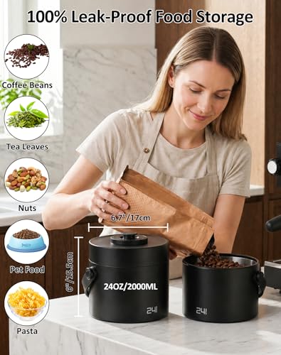 ROTTOGOON Auto Vacuum Coffee Canister, Rechargeable Airtight Coffee Container with 304 Stainless Steel Inner, Scoop, Handle,Sealed Coffee Bean Storage Container for Ground Coffee, Tea, Food, 24OZ/ 2L - size: 2L/24OZ