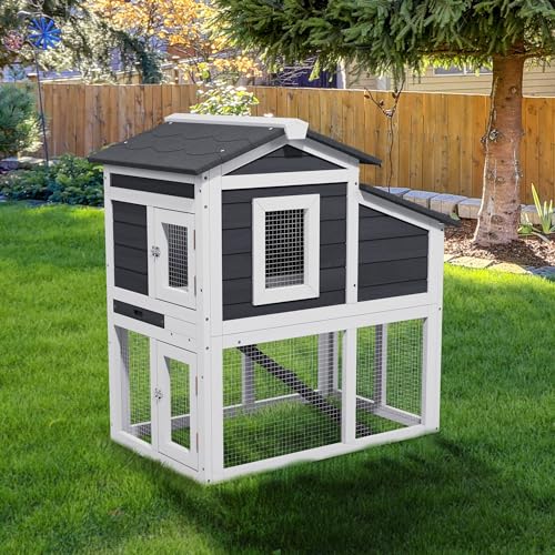 Chicken Run Coop, Wooden Duck Coop Outdoor 2-Tier Hen House All Weather Used Poultry Quail Cage Rabbit Hutch Pet Hideout with Ramp for Small Medium Animals(Grey) - color: Grey