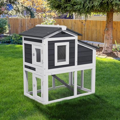 Chicken Run Coop, Wooden Duck Coop Outdoor 2-Tier Hen House All Weather Used Poultry Quail Cage Rabbit Hutch Pet Hideout with Ramp for Small Medium Animals(Grey) - color: Grey