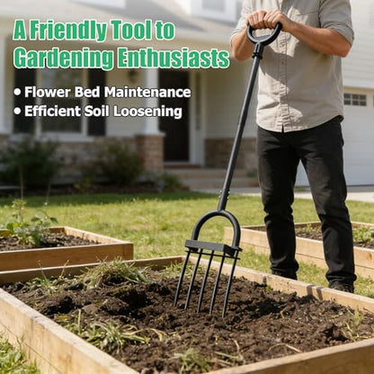 LLARGUEST Pitch Fork, 69" Heavy Duty Metal Garden Fork for Loosening Soil Broadfork with Ergonomic D-Grip Handle, 5-Tine Digging Fork Hay Fork for Compost,Mulching,Manure.