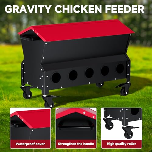Heavy Duty Chicken Feeder 120 lbs Large Capacity, Metal Automatic Poultry Feeding Box with Waterproof Lid, Raised Standing Feeder with Wheels for Hens & Roosters, Portable & Easy to Move - color: Red