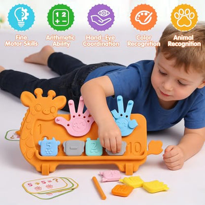 Silicone Counting Blocks Montessori Math Toy for Toddlers, Giraffe Board with Suction Cup & Tracing, Number Blocks Toys Preschool Manipulatives 3-5, Educational Toys for 3 Year Old