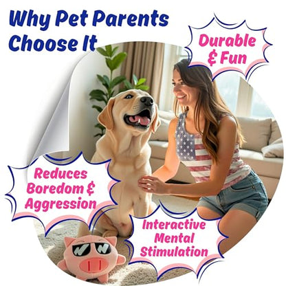 Piggy 3 in 1 Plush Pig Dog Chew Toy with Squeaky Ball Inside for Aggressive Chewers, Super Interactive, No Stuffing, Strong Tough Heavy Durable, Birthday Gift Box for Small & Large Breeds - color: Pink