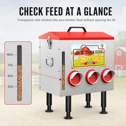 50LBS Metal Chicken Feeder Dispenser with Lid, Adjustable Legs, 8 Feeding Ports, No-Waste & Rodent-Proof Design, Visual Feed Level Indicator, Durable Outdoor Poultry Feeder for Chickens, and Geese