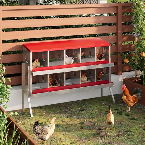 10-Compartment Metal Chicken Nesting Box - with Perch, Secure Lid & Metal Legs, Wall-Mount or Free-Standing Nesting Boxes for Hens - color: red, size: 10 Compartments with legs