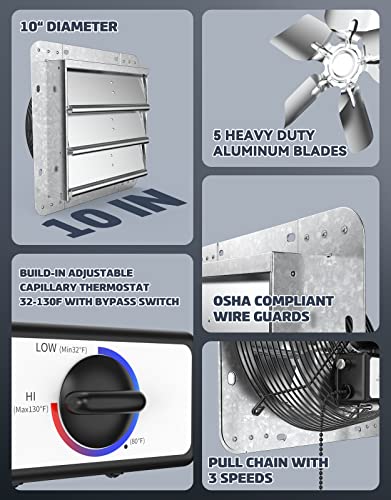 iLiving ILG8SF10V-T, 10 inch Shutter Exhaust Attic Garage Grow, Ventilation Fan with 3 Speed Thermostat 6 Foot Long 3 Plugs Cord, 10" - Variable, 600 CFM, 900 SQF Coverage Area, Silver - style: 3-Speed With Built-in Thermostat