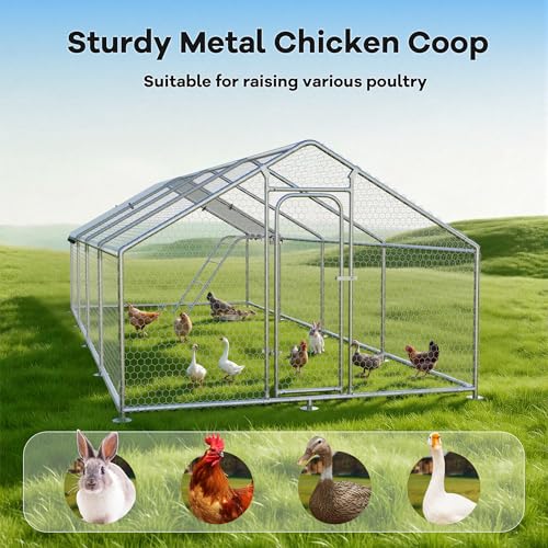 Large Metal Chicken Coop with Roosting Perch, Waterproof and UV Protection Cover, Chicken Run Outdoor Walk-in Cage Chicken Rabbit Duck Hen House for Yard Farm Use Spire Roof (10’ W x 26.2’ L x 6.4’ H) - size: 315.0"L x 118.0"W x 78.0"H