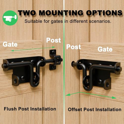 Heavy Duty Slide Bolt Gate Latch for Wooden Fence, 2 Way Barn Door Latch with Padlock Hole, Offset and Flush Mounted Gate Latch for Outdoor Gates/Yard Fence/Shed Door, Black, 1 Pack
