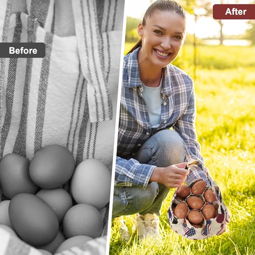 Egg Collecting Basket, Canvas Egg Basket for Gathering with 7 Pouches for Chicken, Duck, Goose, Bird, Various Poultry Collection (Flag Chicken) - style: Flag Chicken