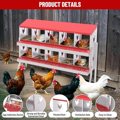 TrailBlaze 10 Compartment Chicken Nesting Box with Metal Legs, Chicken Egg Laying Boxes with Rollout Egg Collection, Large Vented Holes Chicken Coop for Chickens, Hens (Red) - color: Red, size: 10 Holes with Legs