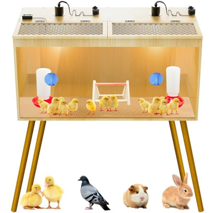 Brooder Box For Chicks, 32 Inch Large Wooden Chicken Brooder Box With Legs, 75W Heat Lamps, Thermometer, Chicken Feeder & Waterer Set, Tin Foil, Ideal For 12-15 Chicks Ducks Quail, Large(Legs)