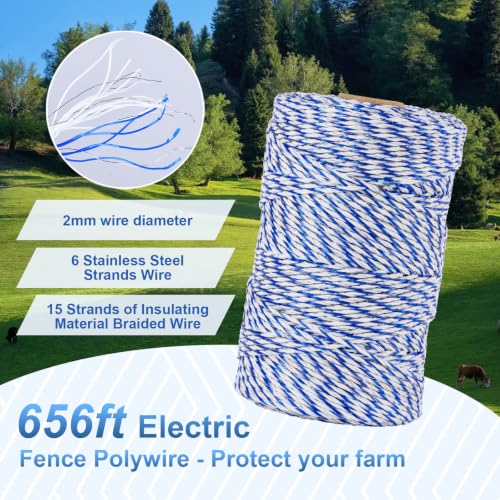 Outdoor Electrical Box Waterproof, 8.94×7.48×3.78 Inch Waterproof Enclosure with 656 Feet/200 Meters Electric Fence Rope Polywire,for Outdoor/Small Electric Fence Charger Installation (with clear lid) - size: Polywire with Insulators