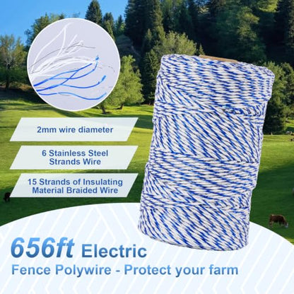 Outdoor Electrical Box Waterproof, 8.94×7.48×3.78 Inch Waterproof Enclosure with 656 Feet/200 Meters Electric Fence Rope Polywire,for Outdoor/Small Electric Fence Charger Installation (with clear lid) - size: Polywire with Insulators