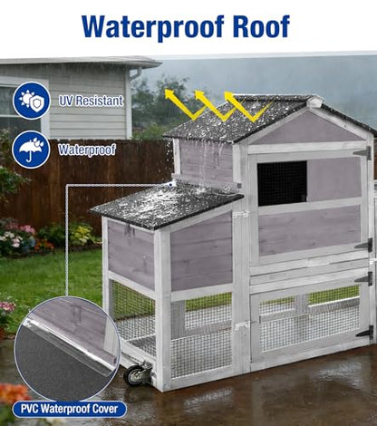 Chicken Coop with Run Mobile Large Chicken Coop with Wheels Duplex Chicken Cage with Slide-Out Tray Waterproof Roof Outdoor Backyard Hen House Grey - color: Grey