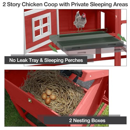 Chicken Coop with Wheels, Outdoor Chicken Tractor with Leak-Proof Tray, UV-Resistant Roof & Nesting Box for Chickens, Ducks, Rabbits - color: Red