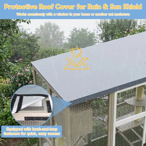 Catio Outdoor Cat Enclosure Large Walk-in Cat House with Flat Roof and Multi-Level Platforms, Cat Hammock & Litter Box Shelf, Elevated Wooden Cat Shelter for Multiple Cats, Backyard Patio Garden - size: 61.5"L x 34"W x 57.5"H