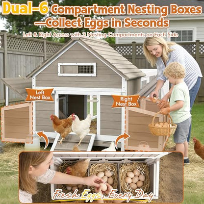 Ketive Large Chicken Coop with Run for 6–8 Chickens — Wooden Outdoor Hen House Chicken Hutch with 6 Nesting Boxes, Dual Ramp Doors, Slide-Out Tray, Curved Roof (118.3" L x 38" W x 40.2" H) - size: 118.3"L x 38.0"W x 40.2"H