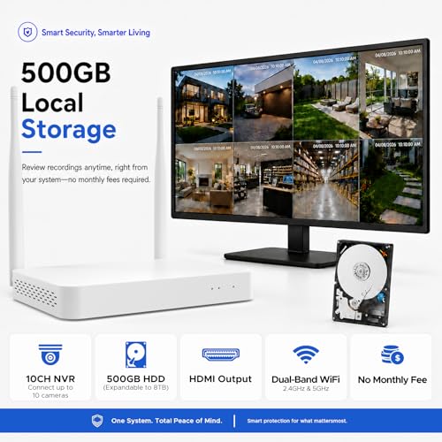 CAMCAMP Solar Security Cameras Wireless Outdoor, 4 Cameras Dual-Lens PTZ with 10CH NVR & 500GB HDD, 2K Color Night Vision, Spotlight, Dual PIR Detection, 2-Way Talk, IP66 Cameras for Home Security - color: 4