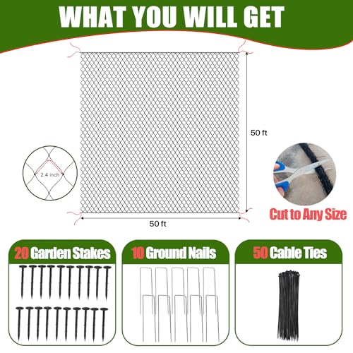 Bird Netting for Chicken Coop - 50x50ft Chicken Netting for Chicken Coop Roof, Poultry Net Coop Netting Cover, Hawk Netting for Chicken Run Fence, 2.4" Mesh Anti Bird Net for Garden Aviary Tree Deers - size: 2.4", 50' x 50'