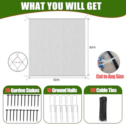 Bird Netting for Chicken Coop - 50x50ft Chicken Netting for Chicken Coop Roof, Poultry Net Coop Netting Cover, Hawk Netting for Chicken Run Fence, 2.4" Mesh Anti Bird Net for Garden Aviary Tree Deers - size: 2.4", 50' x 50'