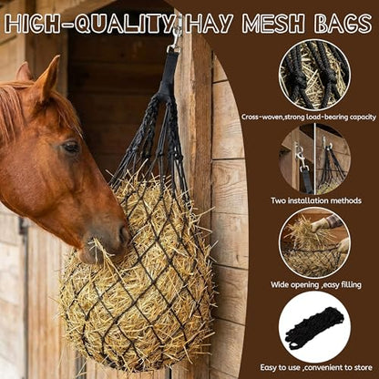 3 Pcs 47" Large Heavy Duty Hay Nets for Horses,Slow Feed Hay Bags for Horses – Hanging Hay Net Feeder with Straps & Hooks for Stall, Fence, Trailer, Goats & Sheep
