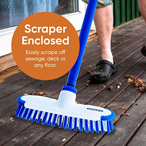Superio Deck Scrub Brush with Long Handle 48 Inches, Heavy Duty Stiff Bristles Grout Scrubber with Scraper - Cleans Hot Tub, Swimming Pool, Granite Tiles, Bathroom, Patio, Kitchen, Wall and Deck - size: 48 in Handle | 9 in x 3 in Head