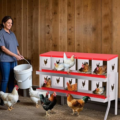 Chicken Nesting Box, 10 Compartment Metal Chicken Nesting Boxes with Bracket Legs for Chicken Coop, Large Vented Holes Chicken Laying Boxes with Rollout Egg Collection - color: Red, size: 10 Holes with Legsompartments with legs