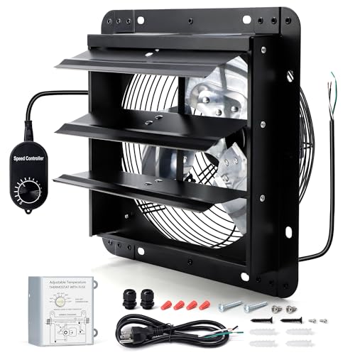 10 Inch Wall Mounted Shutter Exhaust Fan with Thermostat and Speed Controller for Attic, Greenhouse, Shed, Garage, Chicken Coop, Shop, Barn Ventilation, 820 CFM Louvered Vent Fan, Black - color: with Power Cord & Speed Controller & Thermostat, size: 10 In