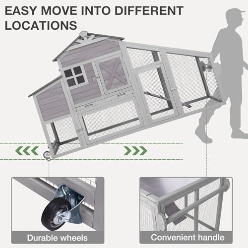 Chicken Coop with Wheels Wooden Outdoor Chicken House Easy Cleaning with Nesting Box, Deeper Leakproof Pull-Out Tray and UV Proof Panel Roof - Reinforced Version