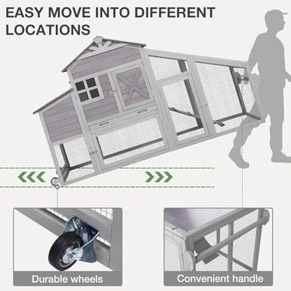 Chicken Coop with Wheels Wooden Outdoor Chicken House Easy Cleaning with Nesting Box, Deeper Leakproof Pull-Out Tray and UV Proof Panel Roof - Reinforced Version