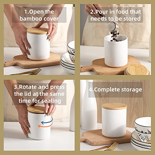Sweejar Kitchen Canisters Ceramic Food Storage Jar Set, Stackable Containers with Airtight Seal Wooden Lid for Serving Ground Coffee, Tea, Herbs, Grains, Sugar, Salt - Set of 4 (White) - color: White, style: Set of 4(Updated Version)