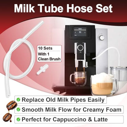 10 Sets Milk Tube Hose Set Compatible with JURA Automatic Coffee Machine GIGA 6 X5/S8/ENA E8 Z10 J8 Twin J9, Each Set Includes 1 Silicone Milk Tube and 1 HP3 Connector (with Cleaning Brush Included)
