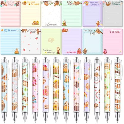 24 Pcs Sloth Sticky Notes with Pens Sloth Themed Gifts Women Party Favors Cute Notepad Memo Notes Pads Black Ink Ballpoint Pen for Animal Lover Christmas Gifts Office School Students Teacher Supplies - style: Sloth
