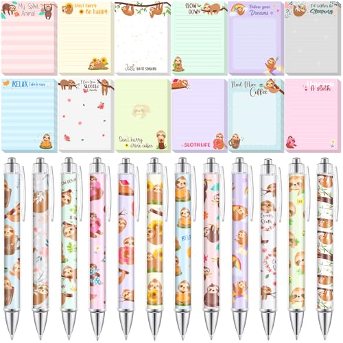 24 Pcs Sloth Sticky Notes with Pens Sloth Themed Gifts Women Party Favors Cute Notepad Memo Notes Pads Black Ink Ballpoint Pen for Animal Lover Christmas Gifts Office School Students Teacher Supplies - style: Sloth