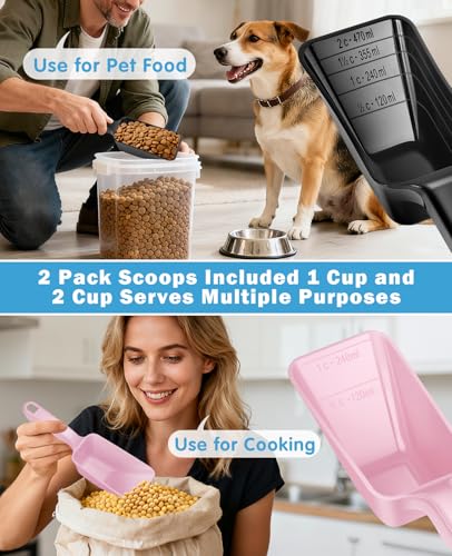 2-Pack Dog Food Scoop Set,1 Cup and 2 Cup Plastic Pet Food Measuring Scoops with Clear Measurement Lines,Multi-Purpose Pet Food Scooper for Dogs, Cats (Pink and Black) - color: Pink and Black