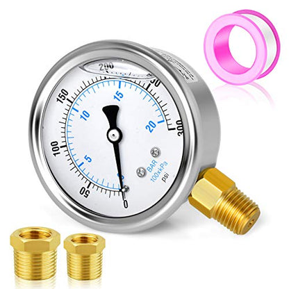 MEANLIN MEASURE 0~300Psi Stainless Steel 1/4" NPT 2.5" FACE DIAL Liquid Filled Pressure Gauge WOG Water Oil Air Lower Mount, with 1/2" NPT and 3/8" NPT Hex Bushing - size: 0-300Psi