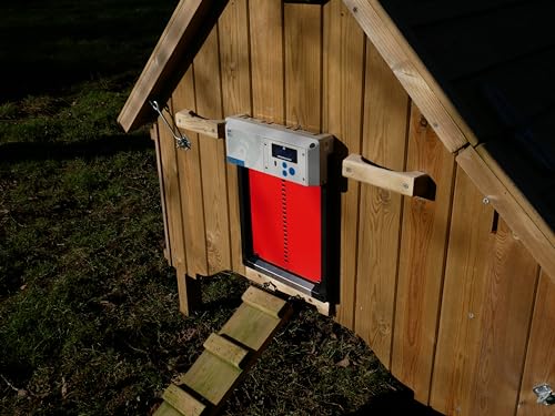 Automatic Chicken Coop Door Opener, ChickenGuard One in All 4 Colours, Timer/Light Sensing, Winter Mode, Auto-Stop & Predator Proof, 3 Power Options, Solar, Battery or Electric (Red + Batteries) - color: Red