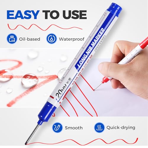 10 PCS Long Head Deep Hole Marker Pens, 20 MM Long Nib Marker for Metal, Multi-purpose Deep Reach Markers Quick Dry Waterproof Marking Pens Construction Markers with Long Nose
