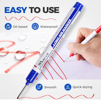 10 PCS Long Head Deep Hole Marker Pens, 20 MM Long Nib Marker for Metal, Multi-purpose Deep Reach Markers Quick Dry Waterproof Marking Pens Construction Markers with Long Nose