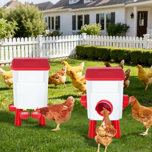 Chicken Feeder and Waterer Set 3 Gallon/26.4 Pounds, Automatic Chick Feeder and Waterer Set No Waste, Poultry Feeder Large for Hens/Ducks/Poultry - color: Red